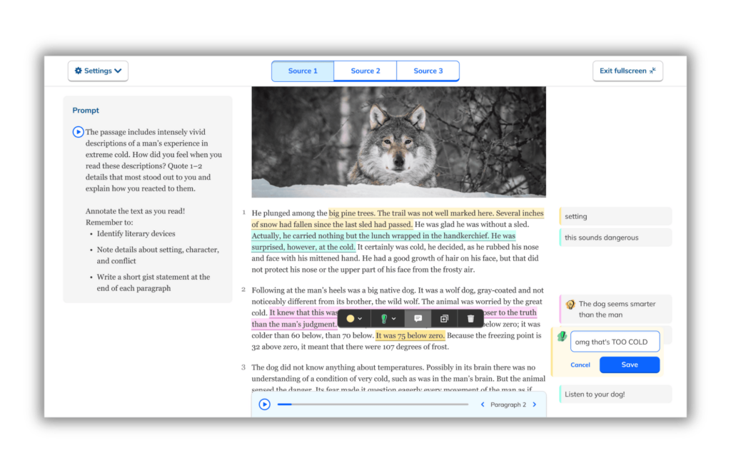 Graphic of NoRedInk's Reading Mode in full-screen view