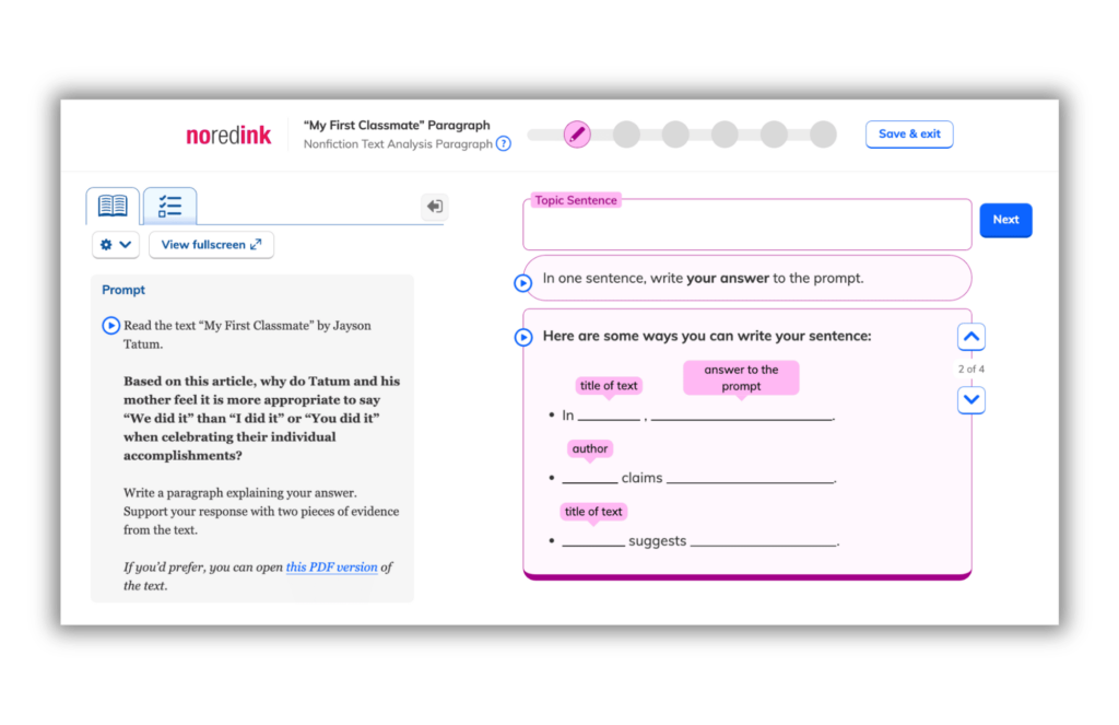 Short Response Guided Draft helping student write a paragraph